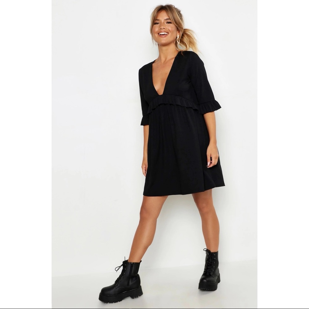 Boohoo Ribbed Ruffle Smock Dress - Picture 1 of 2